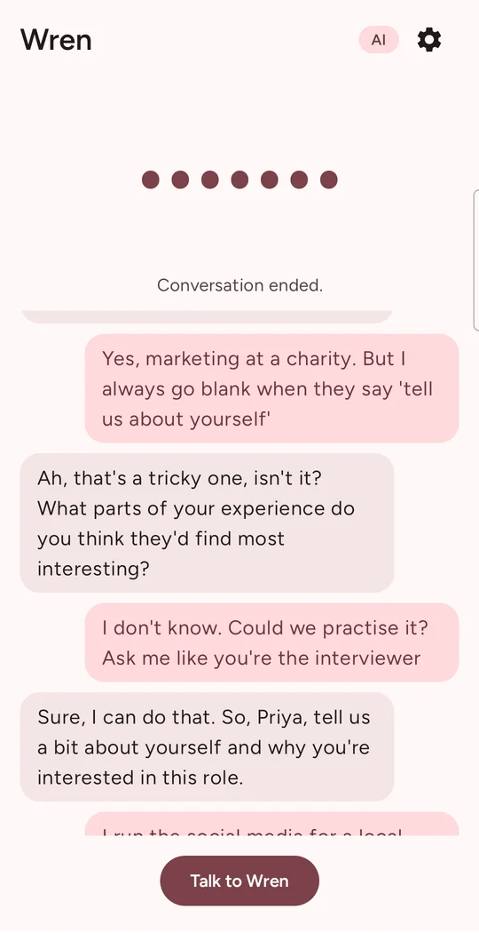 Priya says she goes blank when asked to talk about herself. Darcy offers to play the interviewer and asks: tell us a bit about yourself and why you're interested in this role.