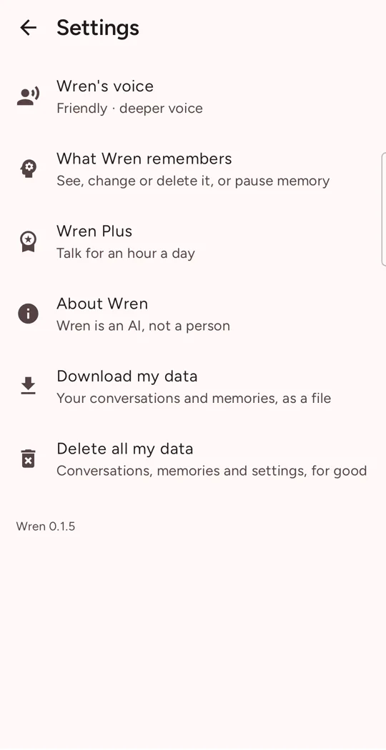 Darcy's Settings: voice, memories, Darcy Plus, About, Download my data, Delete all my data