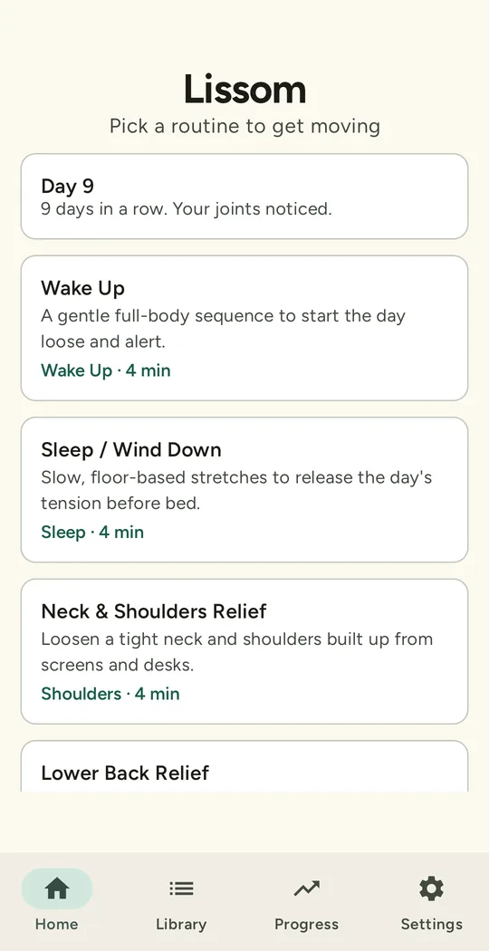 Lissom home: a 9-day streak, then Wake Up, Sleep / Wind Down, Neck and Shoulders Relief, Lower Back Relief
