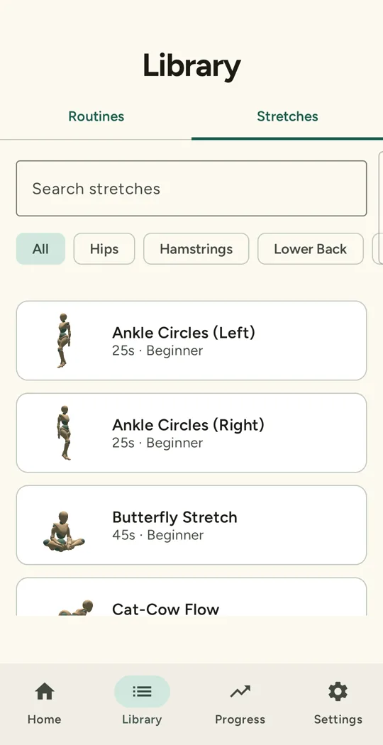 The stretch library, filtered by body area