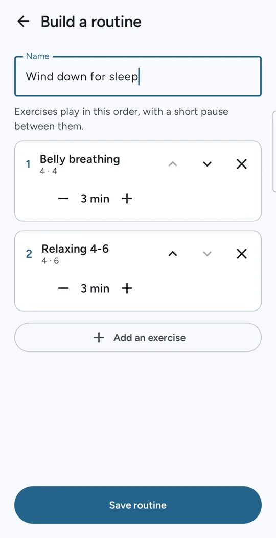 Building a routine called Wind down for sleep, with belly breathing and Relaxing 4-6