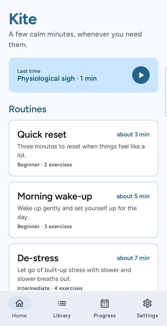 Vayu home: last time, then routines such as Quick reset, Morning wake-up and De-stress