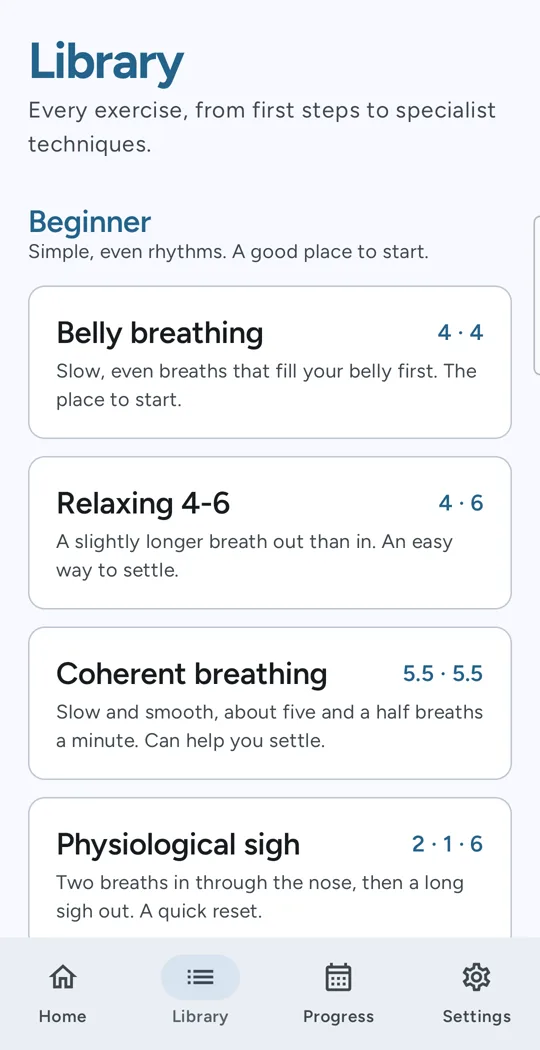 The Vayu library: Beginner exercises such as Belly breathing, Relaxing 4-6 and Coherent breathing