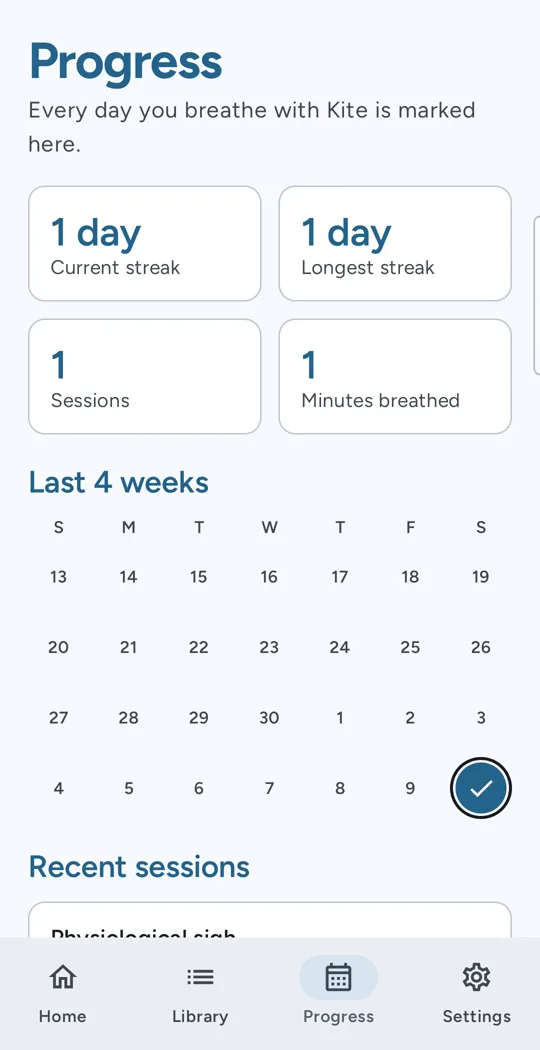 Vayu progress: streaks, sessions, minutes breathed and a four-week calendar